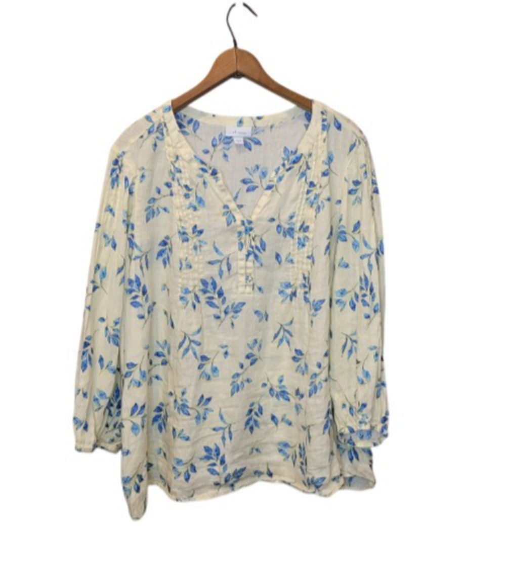 J Jill Love Linen Yellow Blue Floral Peasant Top Size XL Lightweight Coastal